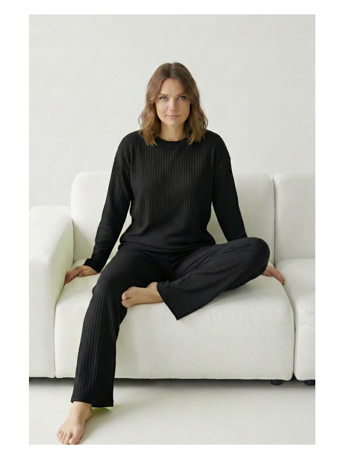 Farya Home Pamuklu Kalın Kışlık Interlok Şeritli Uzun Kollu Örme Pijama Takımı - Görsel 5