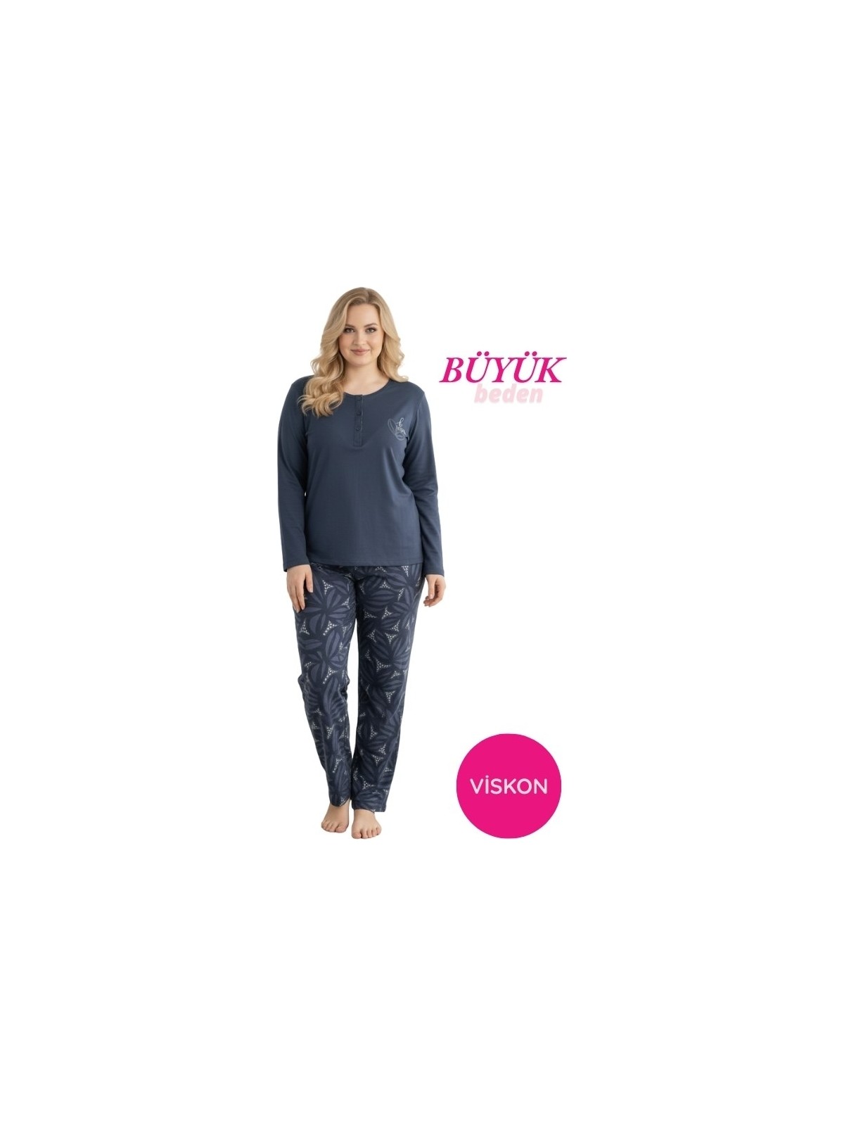 Seamlife Pembe Kadın Büyük Beden Desenli Bisiklet Yaka 3 Düğmeli Mevsimlik Likra Viskon Uzun Kol Pijama Takımı - Görsel 5