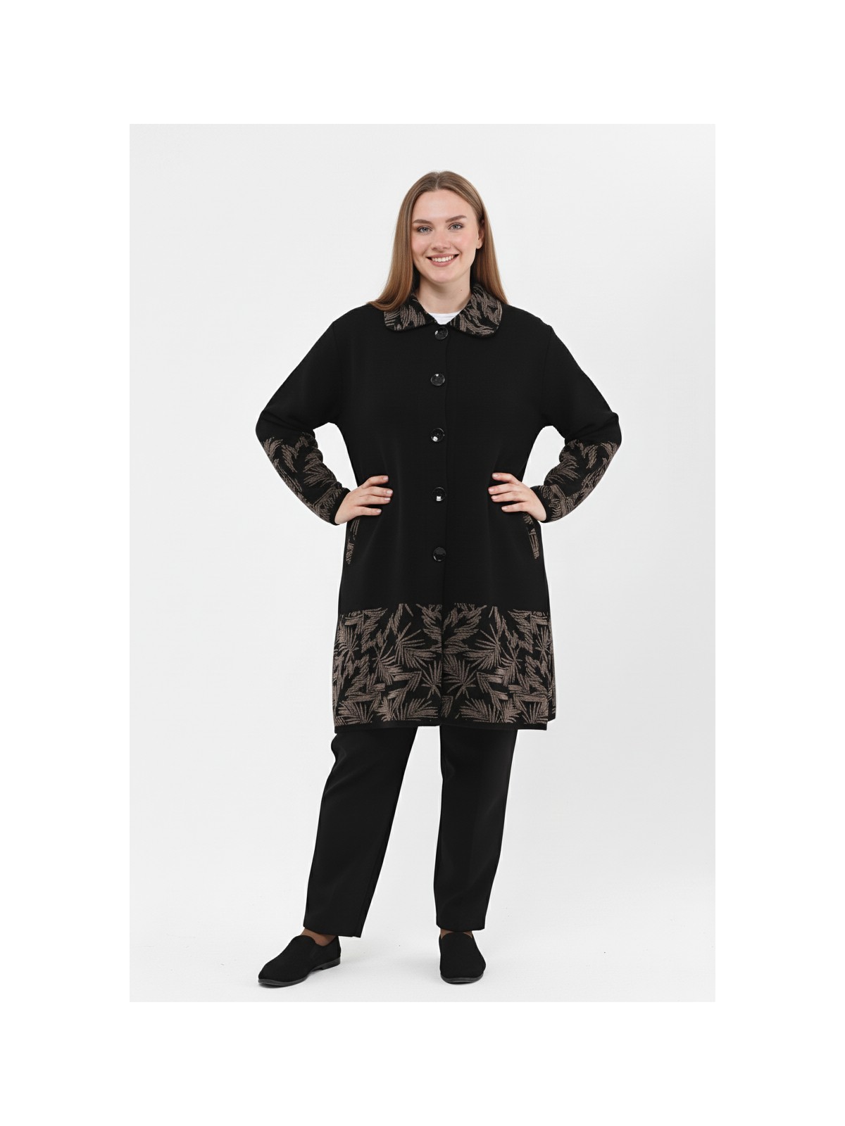 Laden Triko Kadın Çelik Örgü Kap Anne Büyük Beden Kalın Kışlık Siyah Uzun Hırka