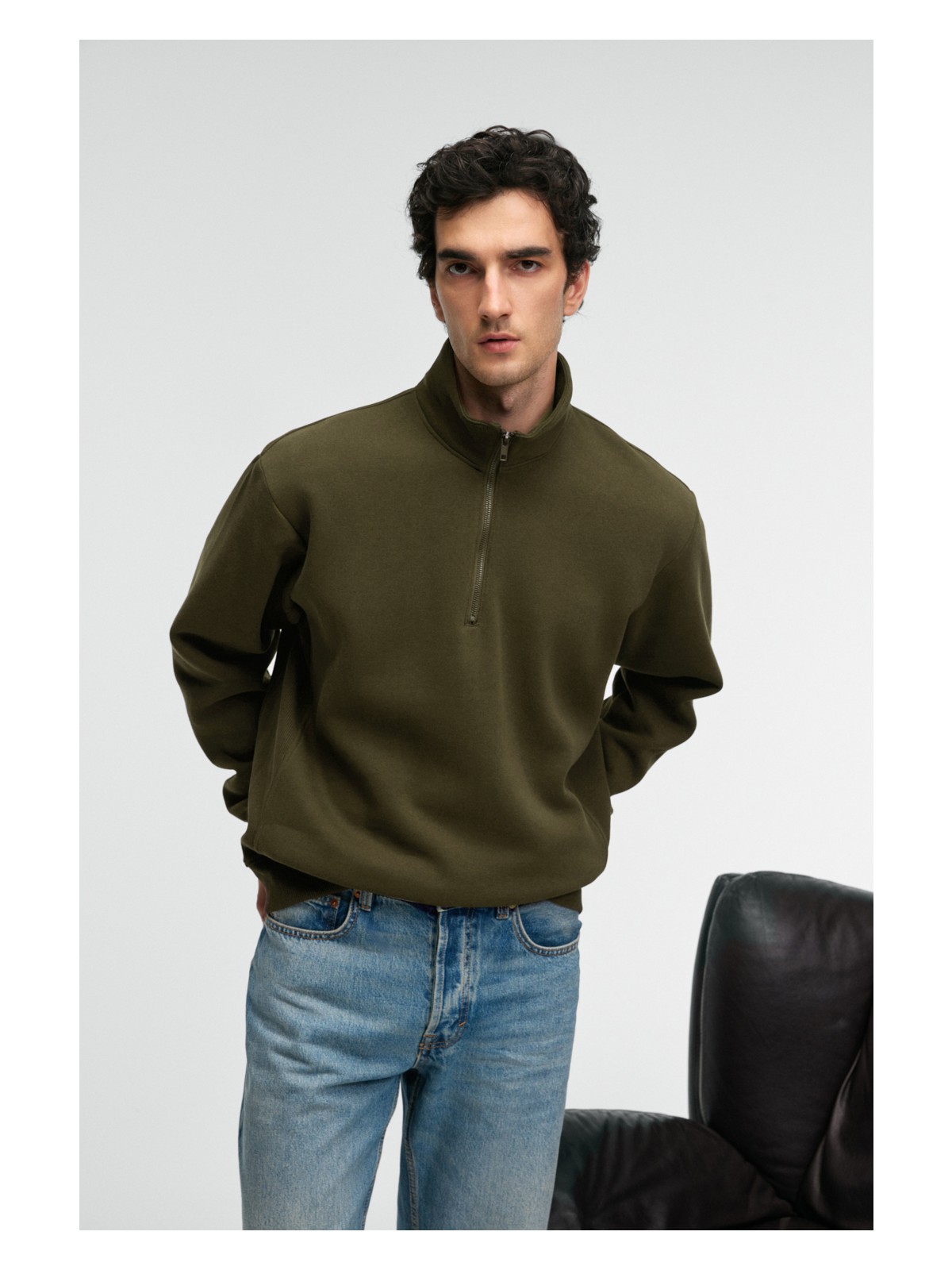 Grimelange BAXTER Erkek Dik Yakalı Fermuarlı Relaxed Siyah Sweatshirt - Görsel 7