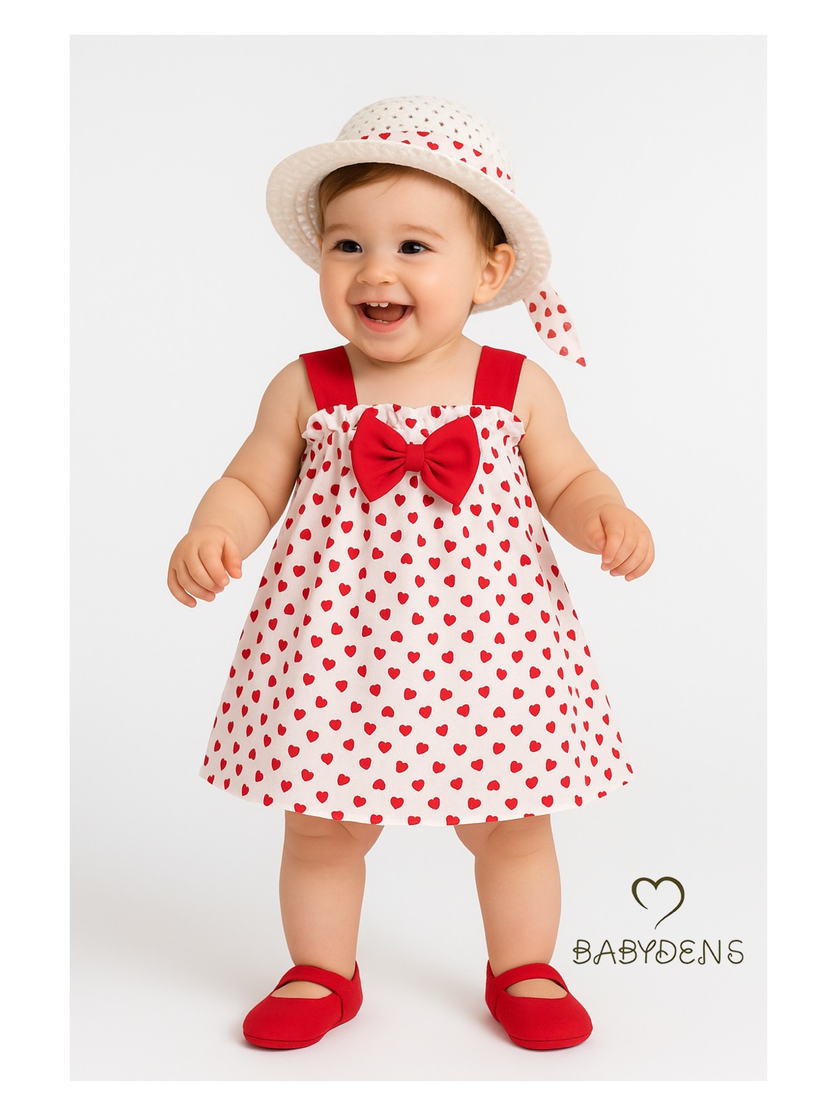 Babyden's Kız Bebek Kalp Desenli Fiyonklu Yazlık Elbise Şapkalı Takım - Kırmızı Beyaz Pamuklu Bebek Elbisesi