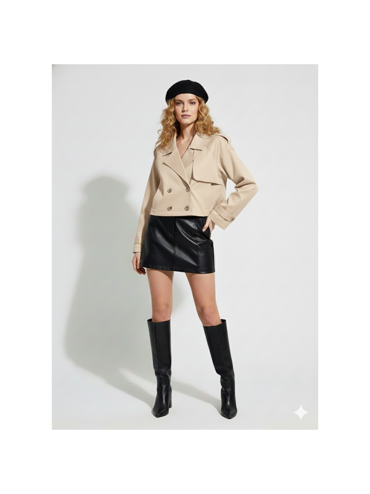 Ribana Classic Kadın Kruvaze Yaka Astarlı Çift Düğmeli Kol Detaylı Crop Trençkot