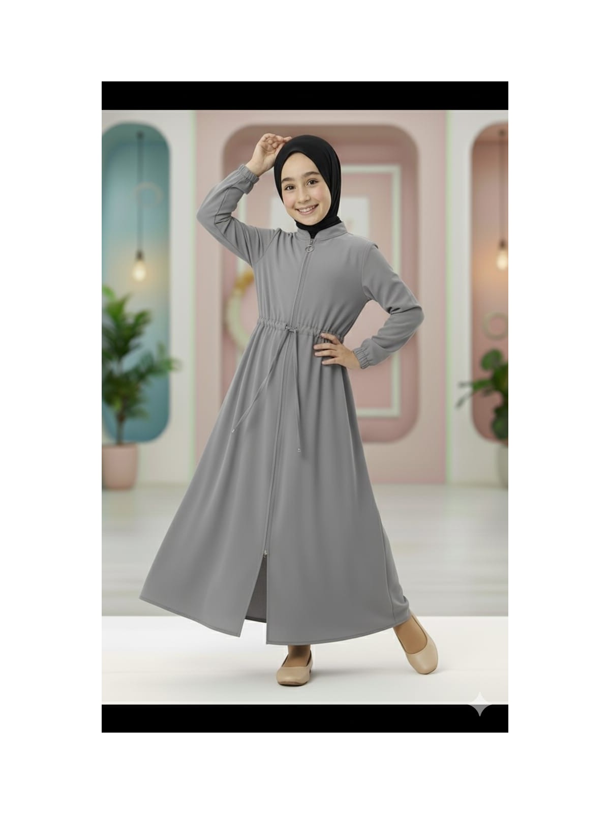 Mismoly Medine Ipeği Beli Lastikli Bağcıklı Çocuk Ferace - Görsel 5