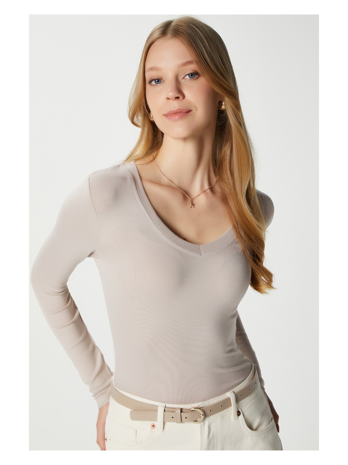 Ritnice Kadın Zera Lux Touch V Yaka Bej Bluz