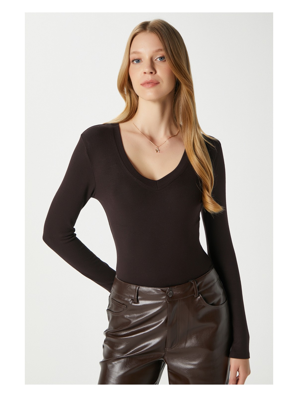 Ritnice Kadın Zera Lux Touch V Yaka Kahverengi Bluz