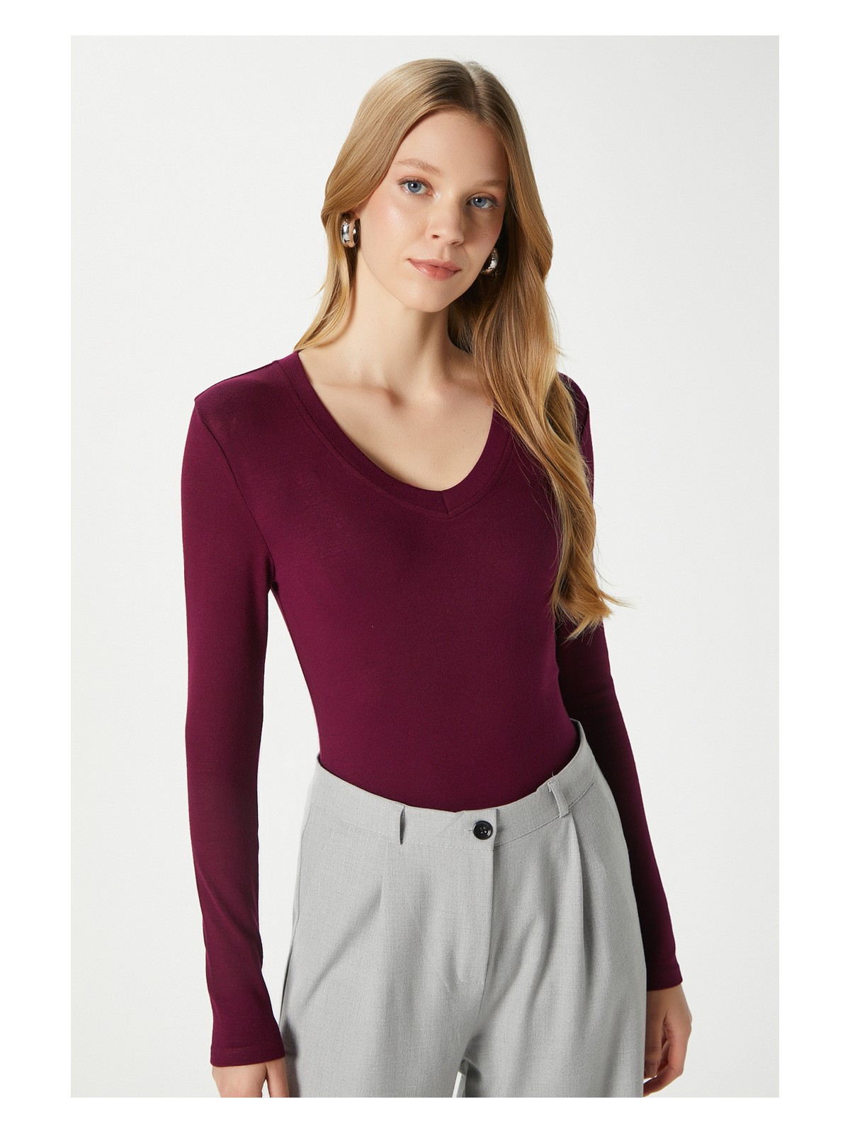 Ritnice Kadın Zera Lux Touch V Yaka Kahverengi Bluz - Görsel 5