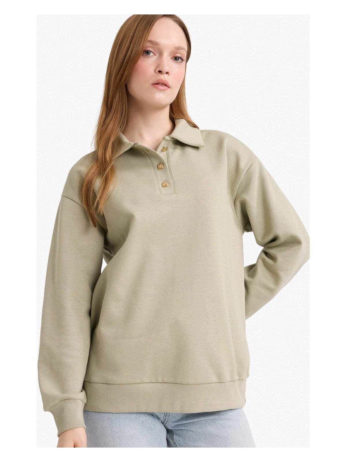 DeFacto Regular Fit Polo Yaka İçi Yumuşak Tüylü Kalın Sweatshirt Tunik F3085AX25WN