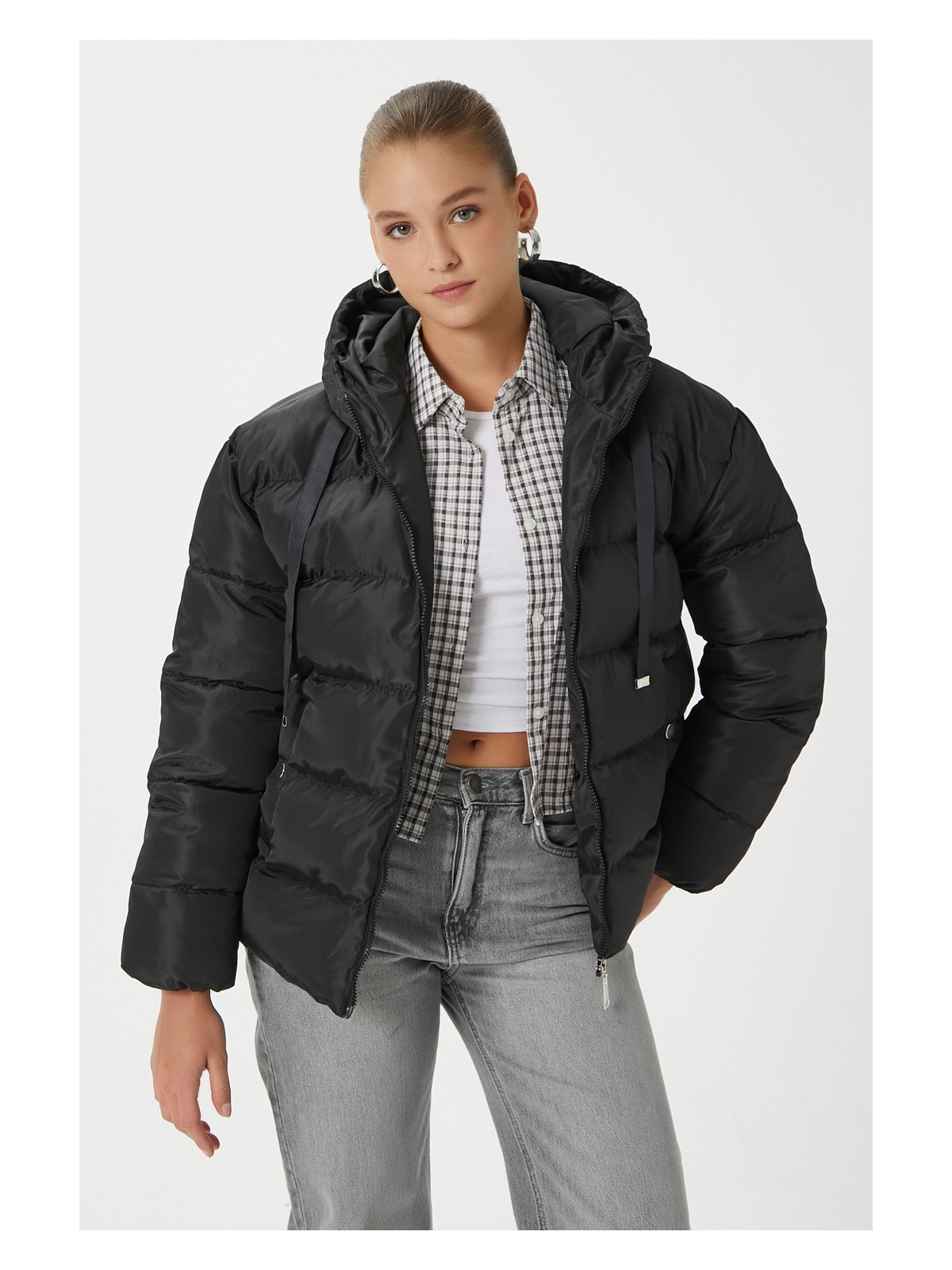 Ritnice Kadın Strong Oversize Şişme Dik Kapüşonlu Krem Mont - Görsel 3