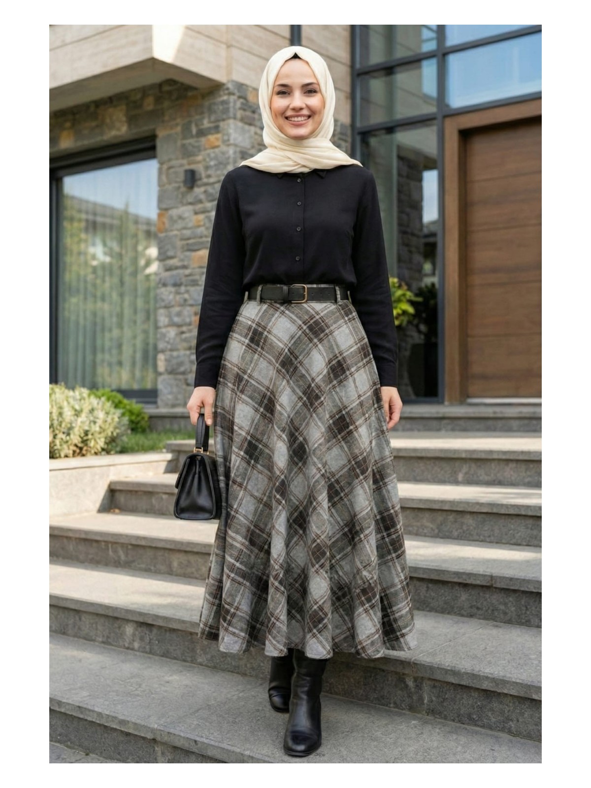 Harman Butik Kadın Kahverengi Ekose Desenli Etek - Görsel 3