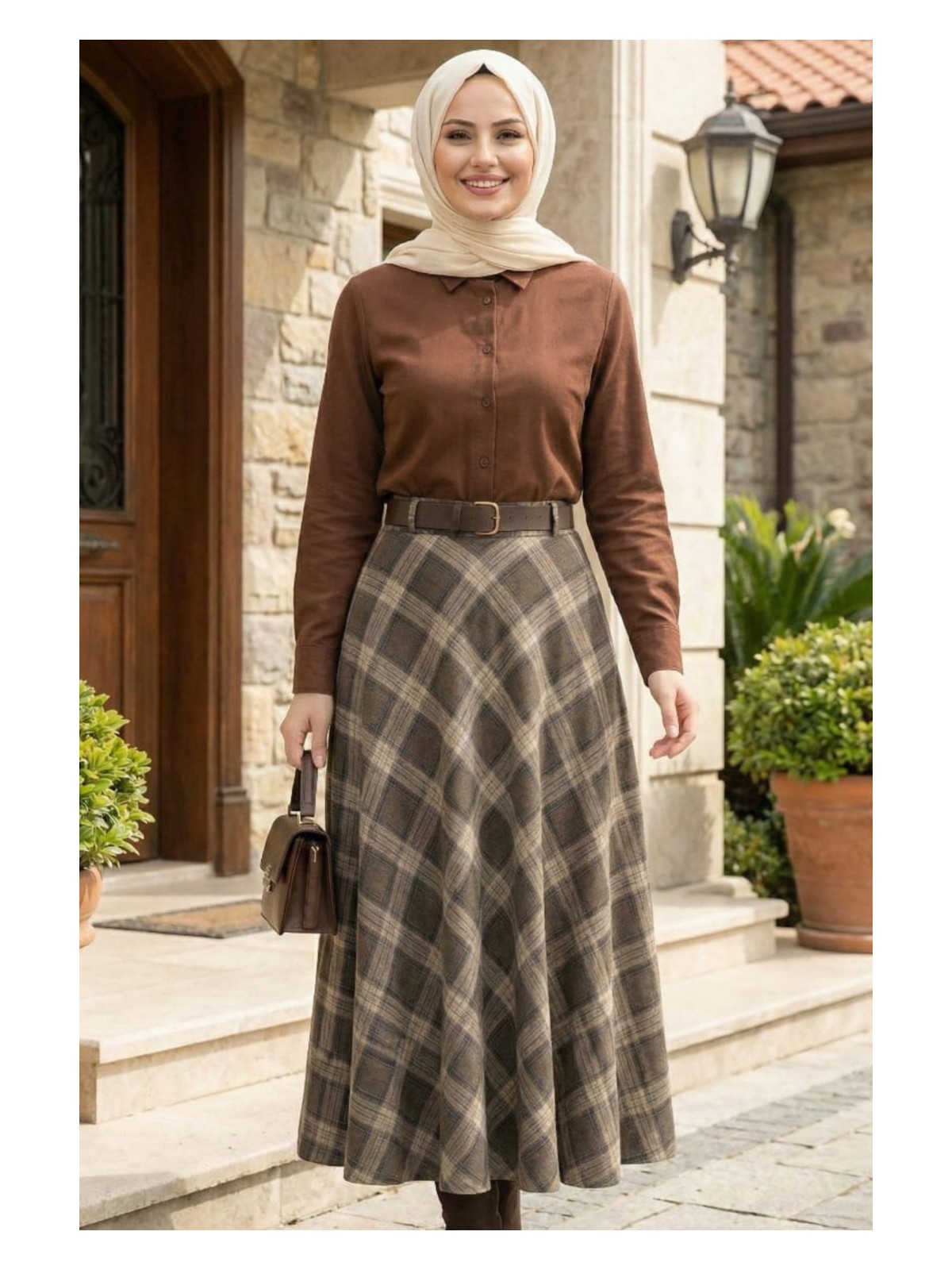 Harman Butik Kadın Kahverengi Ekose Desenli Etek