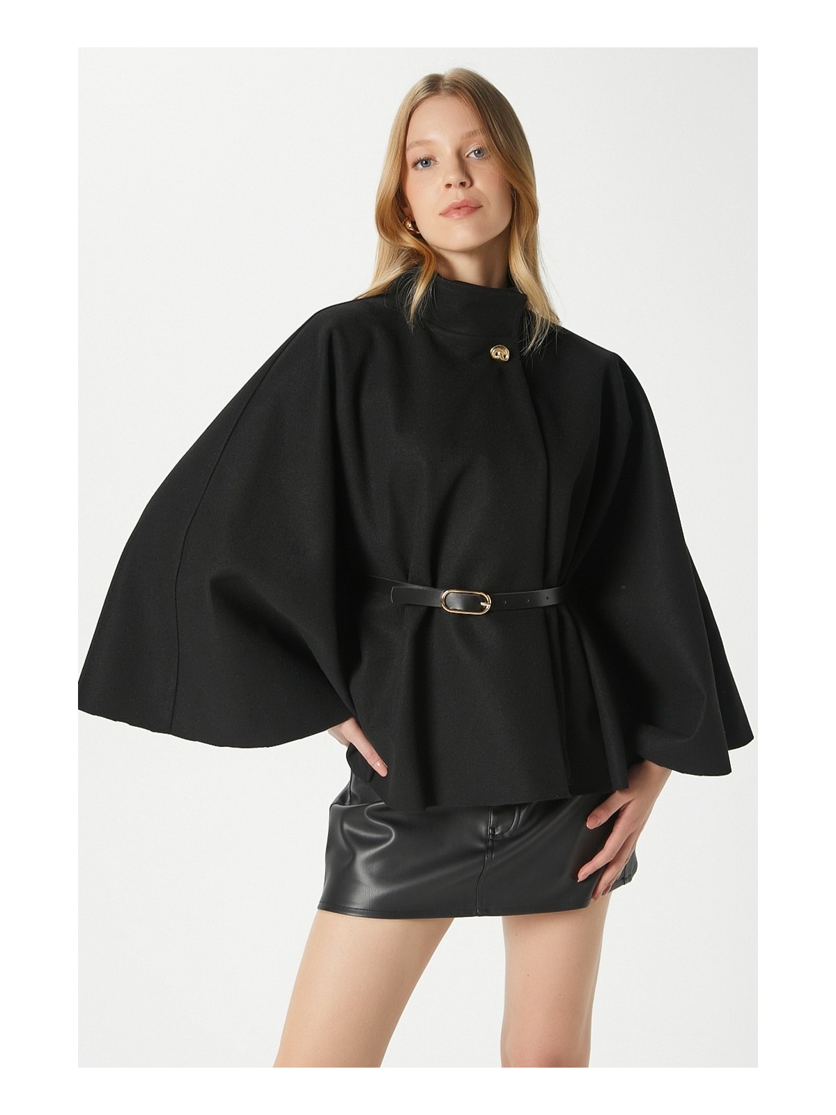 Ritnice Kadın Kayla Gold Düğmeli Kemerli Siyah Kaşe Panço