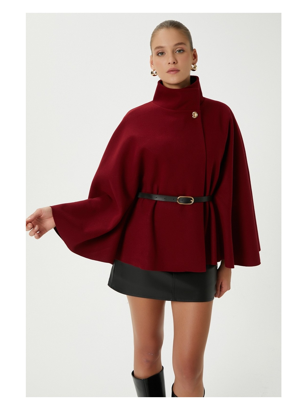 Ritnice Kadın Kayla Gold Düğmeli Kemerli Gri Kaşe Panço - Görsel 4