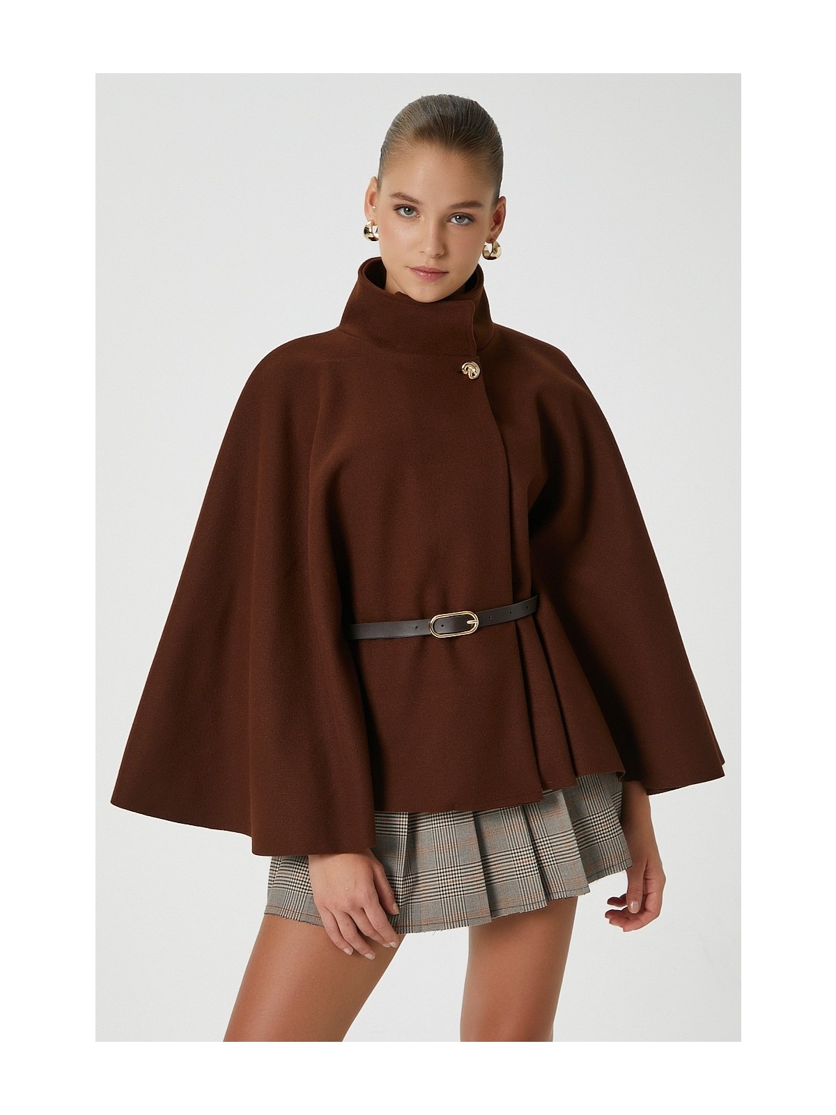 Ritnice Kadın Kayla Gold Düğmeli Kemerli Gri Kaşe Panço - Görsel 6