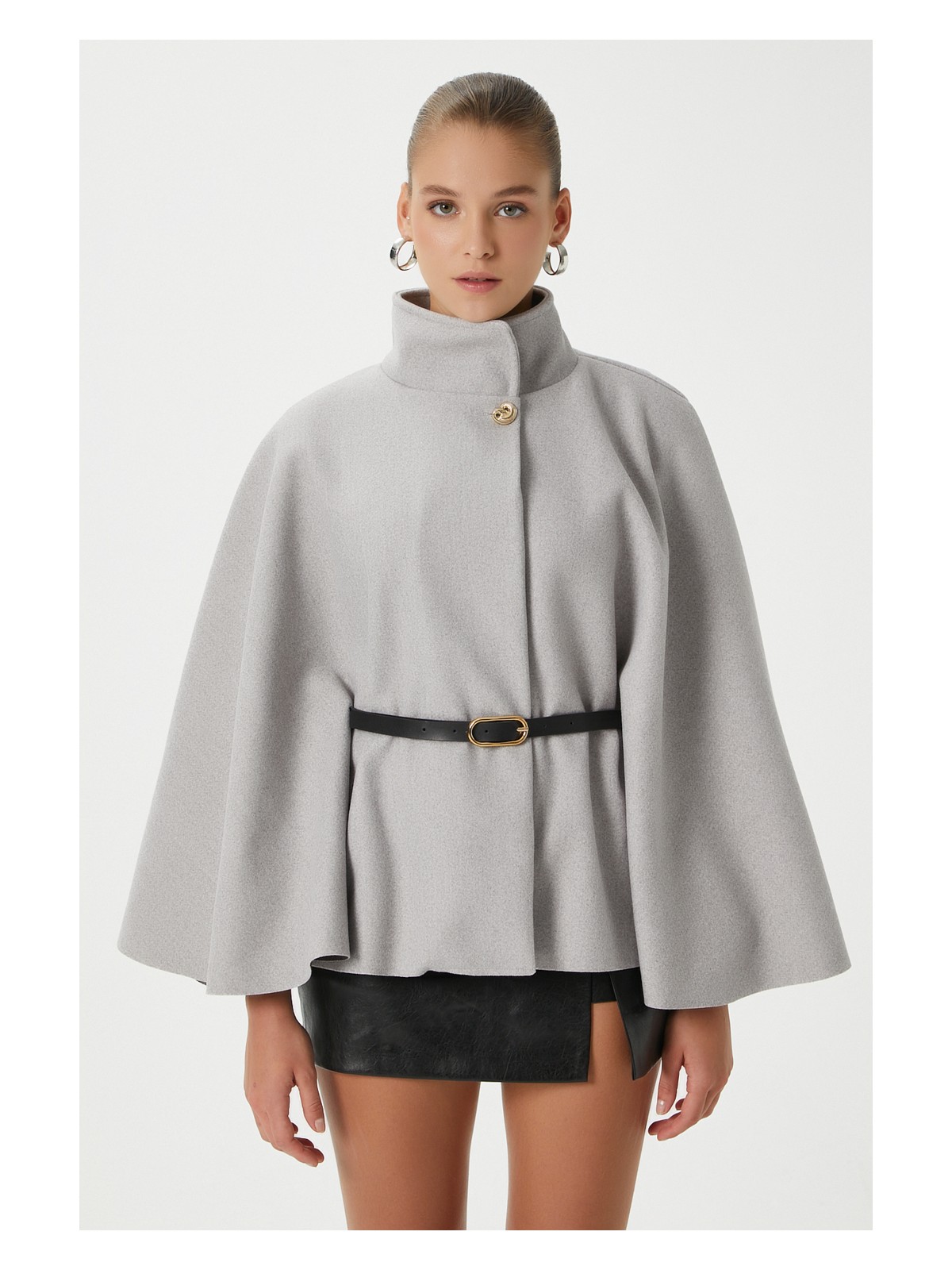 Ritnice Kadın Kayla Gold Düğmeli Kemerli Siyah Kaşe Panço - Görsel 5