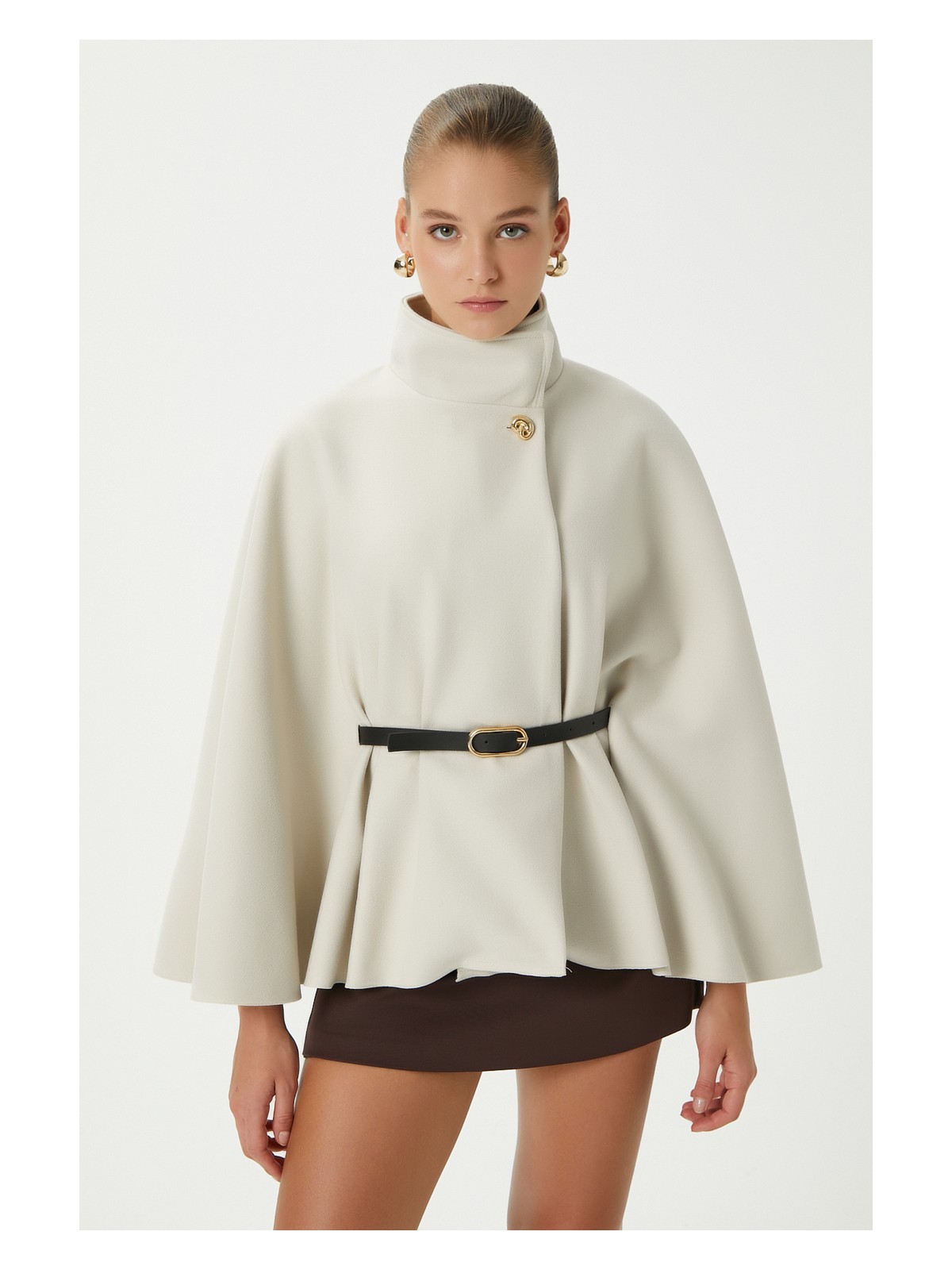 Ritnice Kadın Kayla Gold Düğmeli Kemerli Siyah Kaşe Panço - Görsel 3