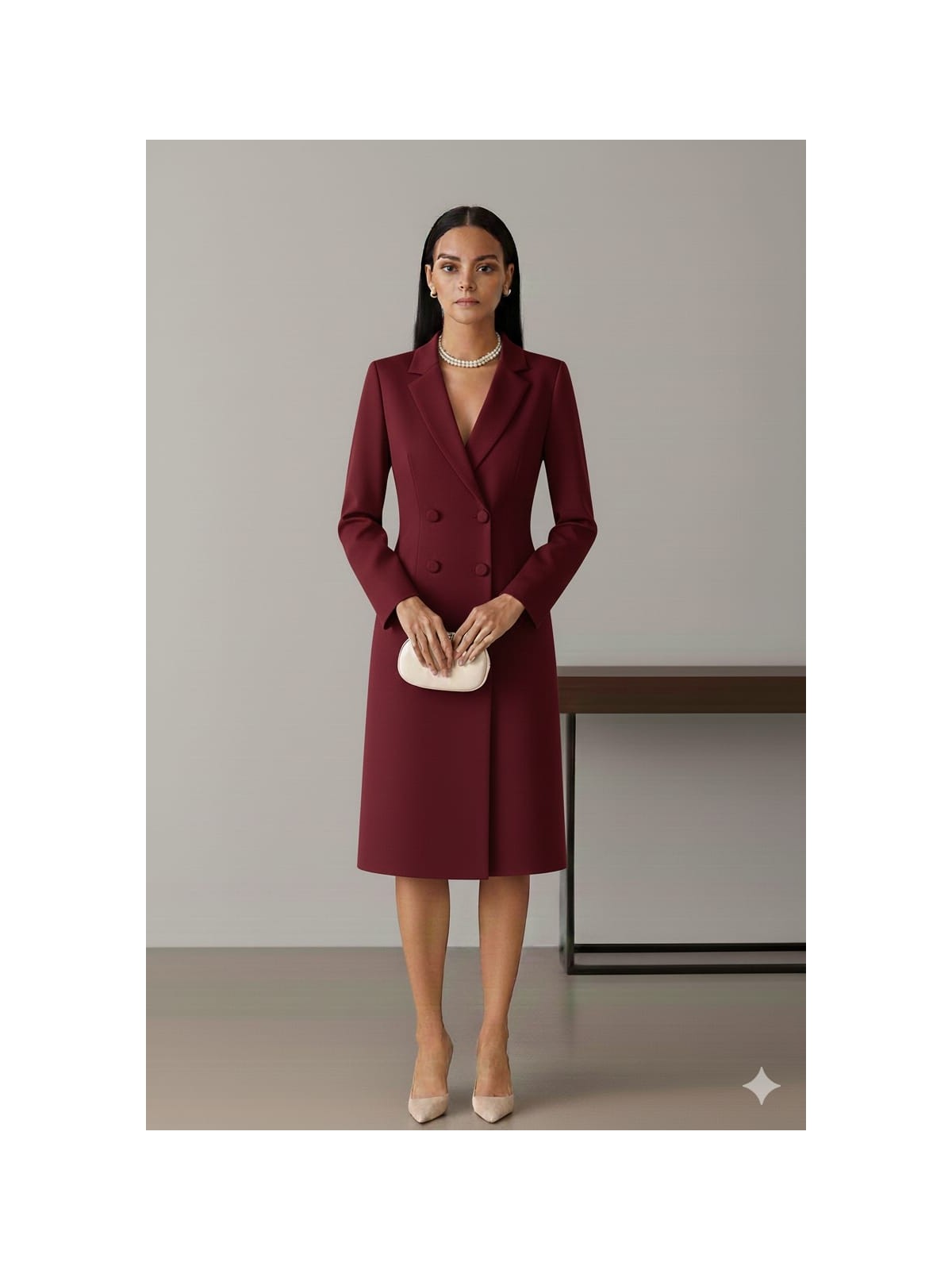 Nake Butik Kırmızı Çift Düğmeli Ceket Yaka Blazer Elbise - Görsel 7