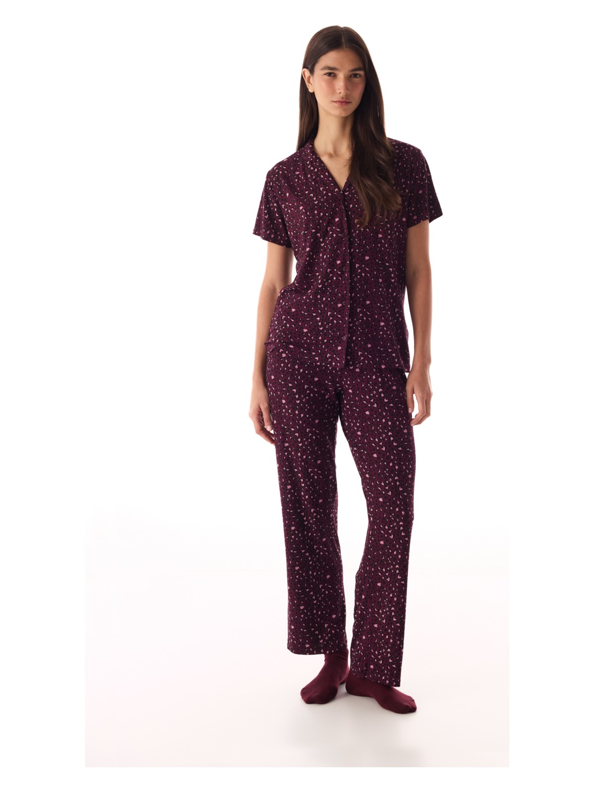 Penti Bordo Leopard Rib Gömlek Pantolon Pijama Takımı