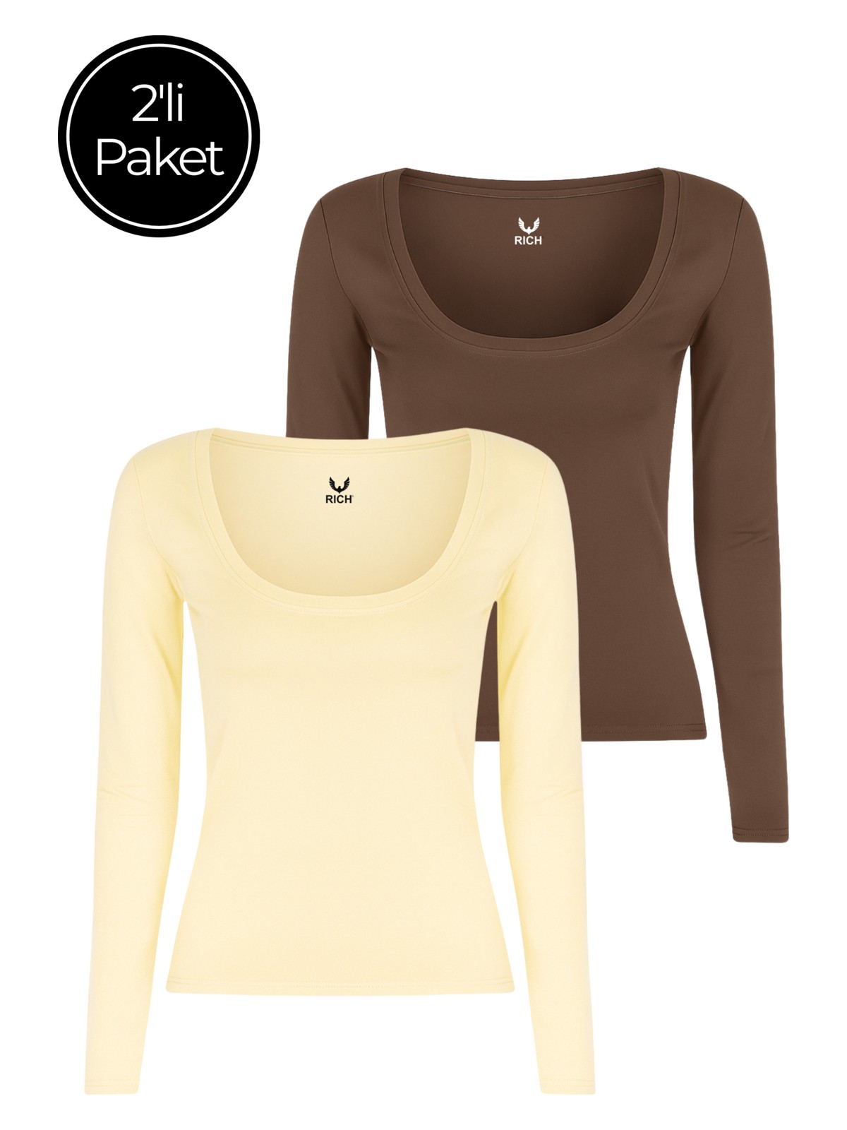Rich Kadın 2'li Paket Kahverengi-Krem U Yaka Vücudu Saran Uzun Kollu Bluz
