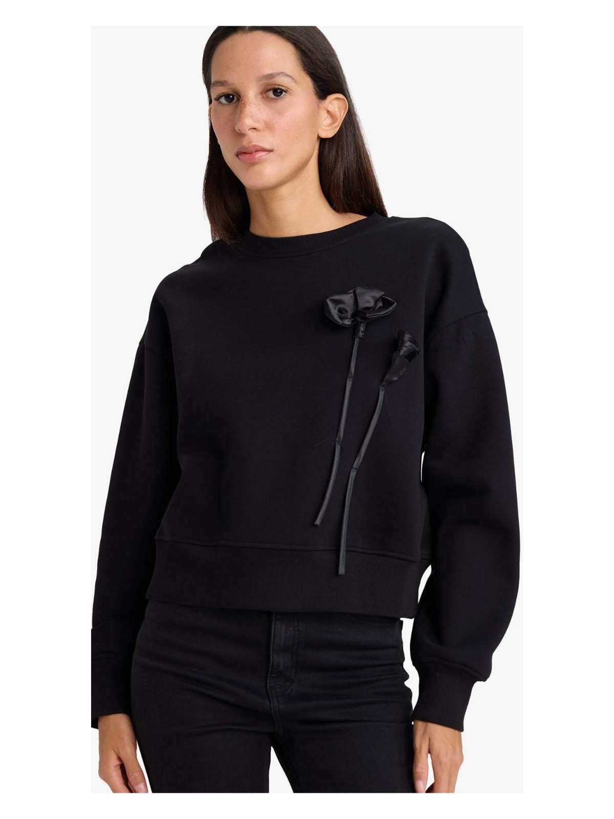 DeFacto Boxy Fit Bisiklet Yaka Aplike Kalın Sweatshirt G7007AX25WN