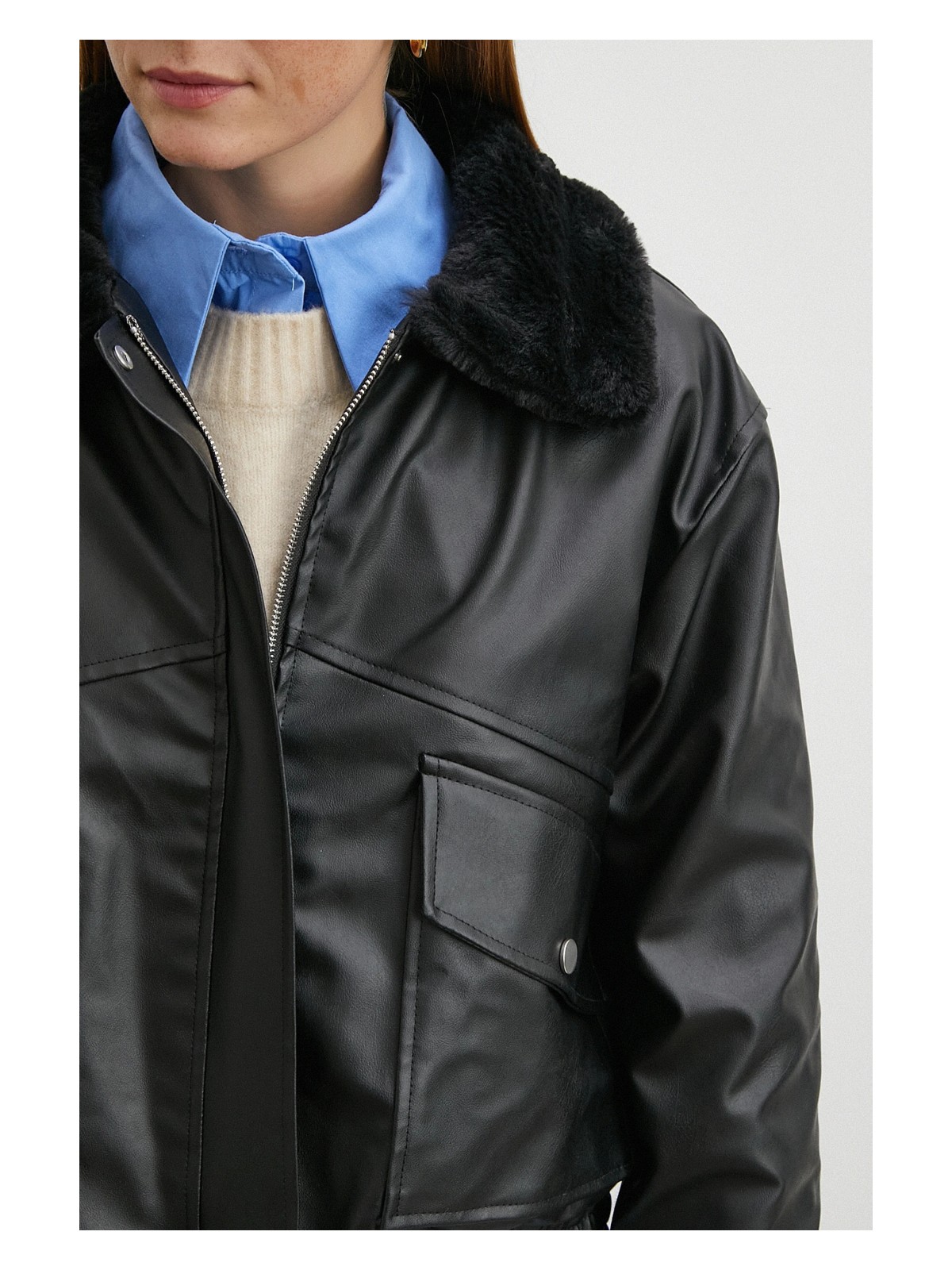 Never More Peluş Astar Detaylı Deri Mont Siyah - Görsel 5