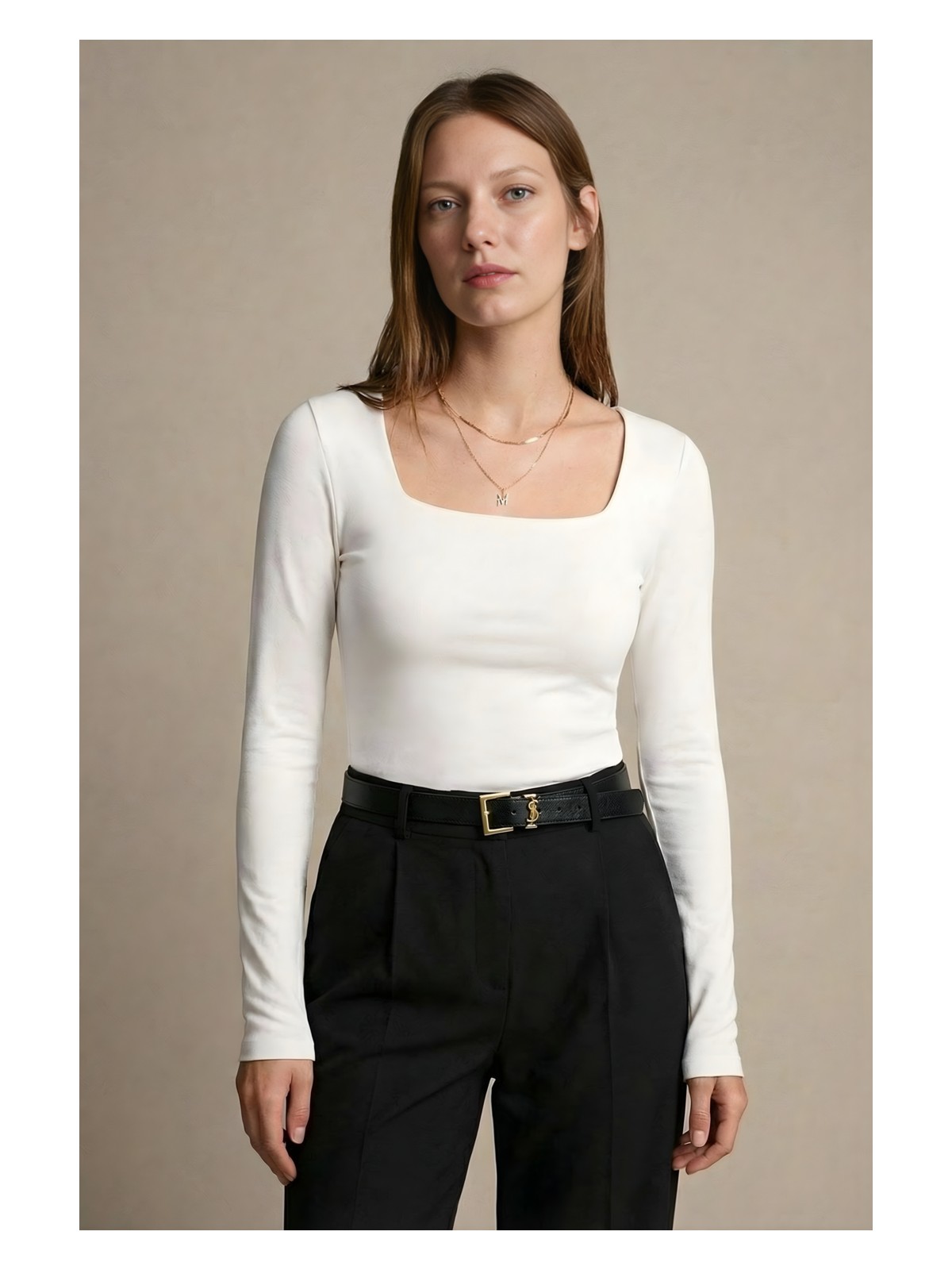 Qaju Kadın Uzun Kollu Kare Yaka Basic Bluz -Ekru