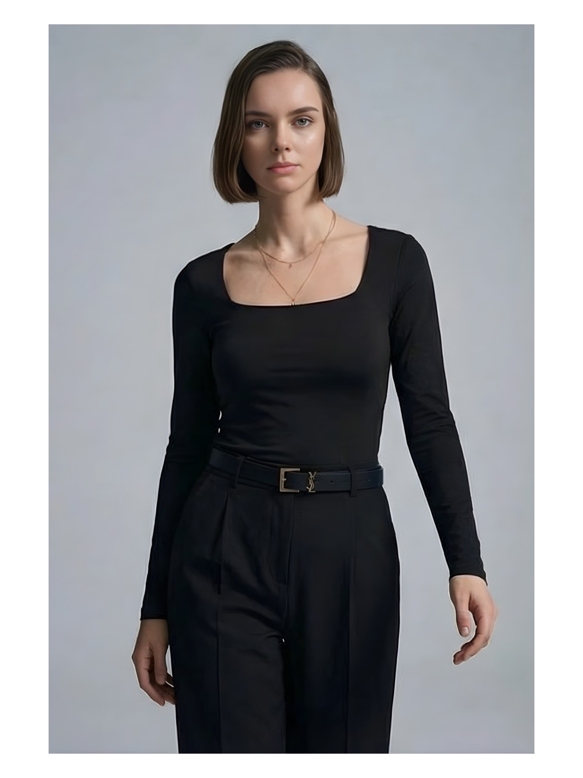 Qaju Kadın Uzun Kollu Kare Yaka Basic Bluz -Siyah