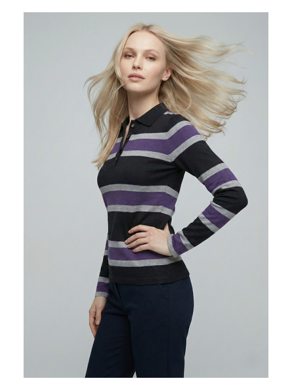 Şiir Chepo Kadın Slim Kalıp Çizgili Polo Yaka Düğmeli Uzun Kollu Kazak & Bluz & Top - Siyah - Görsel 4