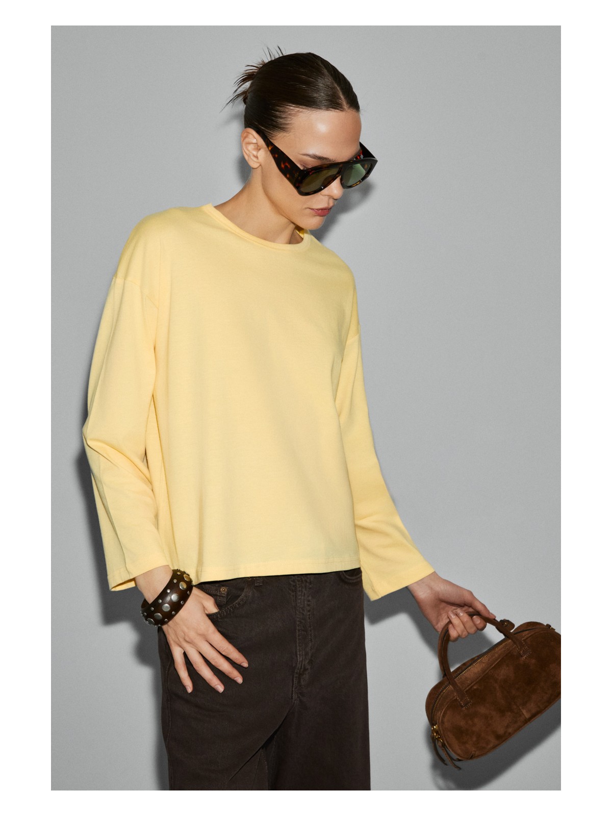 Grimelange Basıl Kadını Oversize %100 Organik Pamuk Örme Uzun Kol Sarı T-Shirt