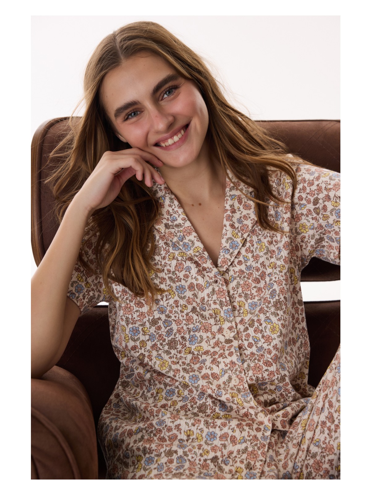 Penti Bej Floral Pointel Gömlek Pantolon Pijama Takımı