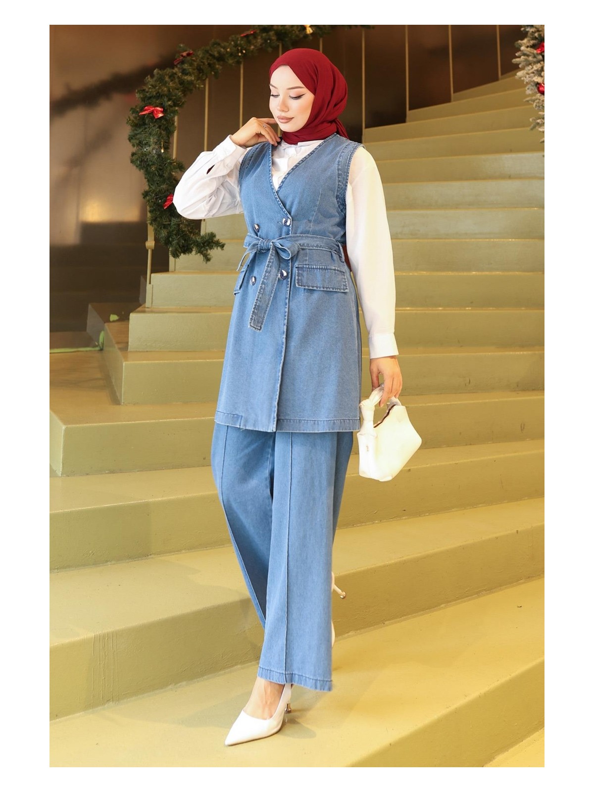 Moda Mihram Kemer Detaylı Ikili Kot Takım Açık Mavi 19232