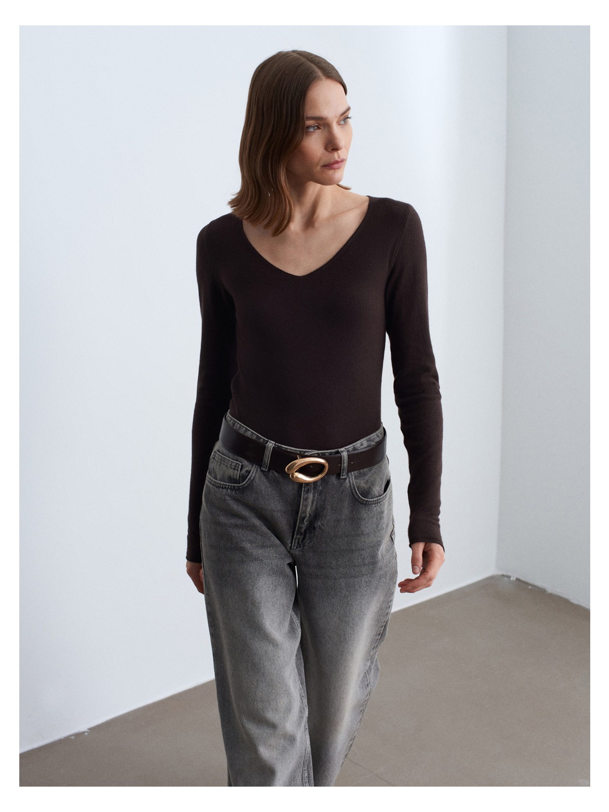 Dilvin 10842 V Yaka Kaşmirli Ultra Hafif Triko Kazak-Açık Sarı - Görsel 5