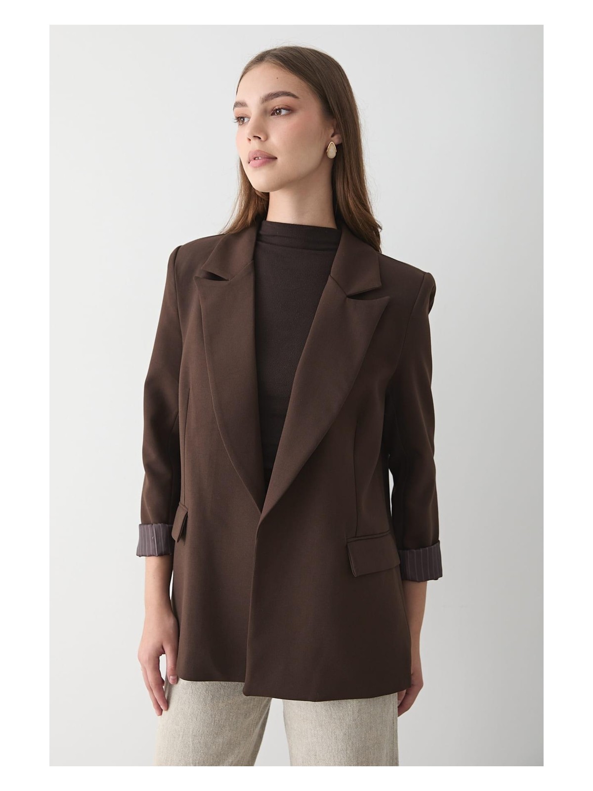 Jaste Kadın Çizgili İçi Astarlı Kol Detaylı Blazer Ceket ACI KAHVERENGİ