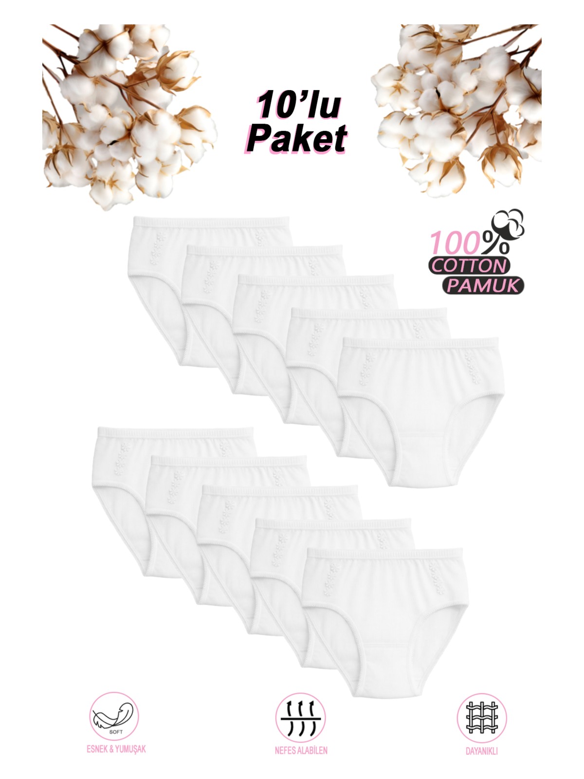 Özkan Underwear Özkan 0825 10'lu Paket Kız Çocuk %100 Pamuklu Ribana Esnek Rahat Papatya Detaylı Külot