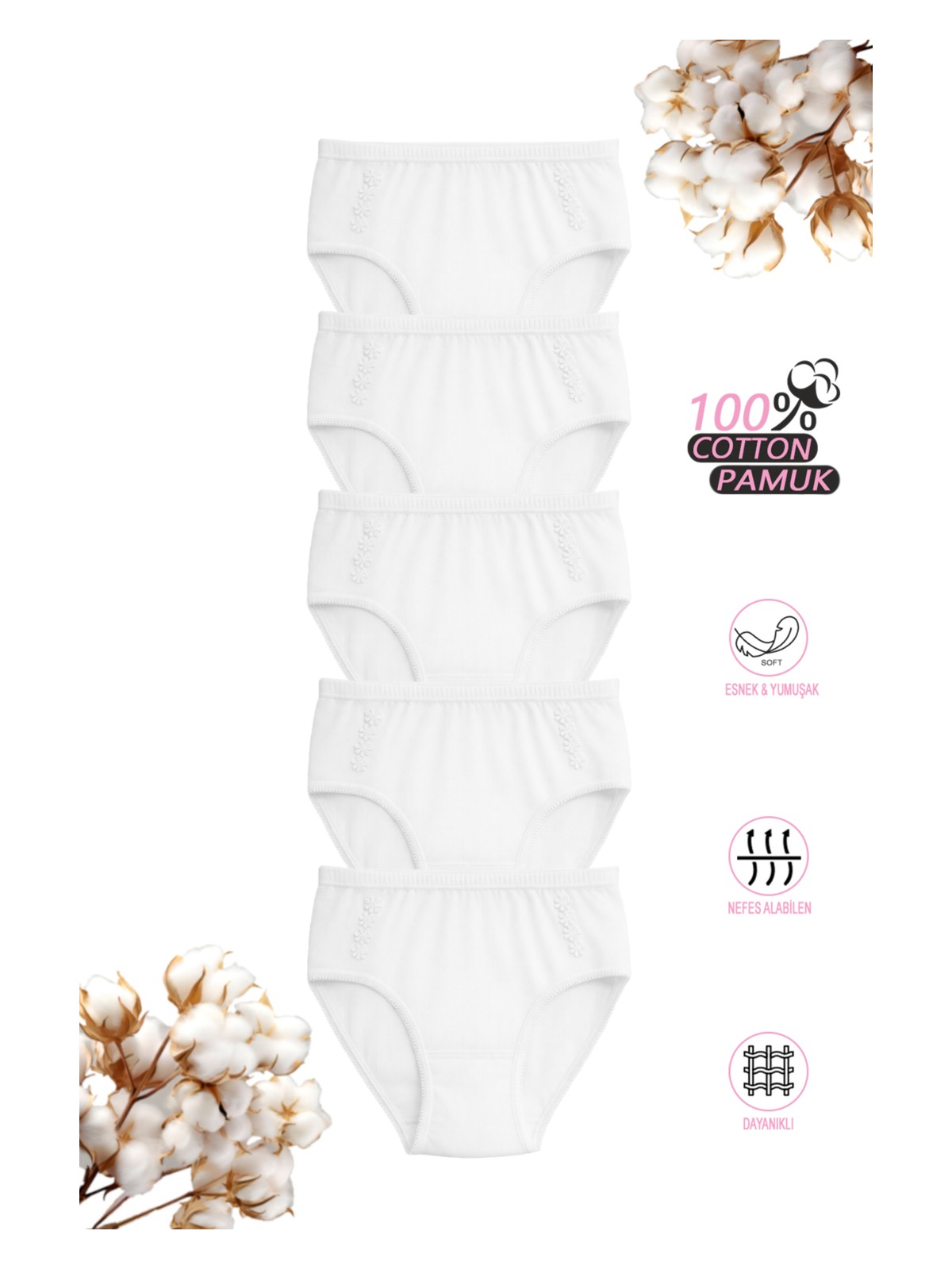 Özkan Underwear Özkan 0825 5'li Paket Kız Çocuk %100 Pamuklu Ribana Esnek Rahat Papatya Detaylı Külot