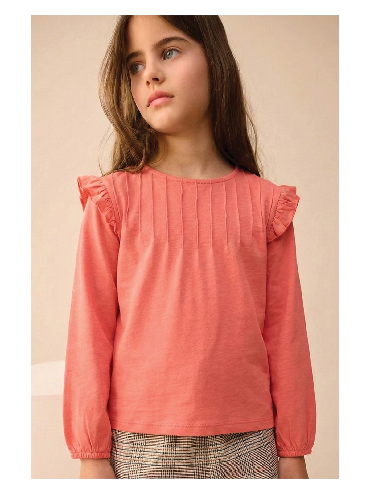 Cigit Nervür Detaylı Kız Çocuk T-Shirt 3-10 Yaş Mercan Renk Pamuklu Kısa Kol Günlük Stil