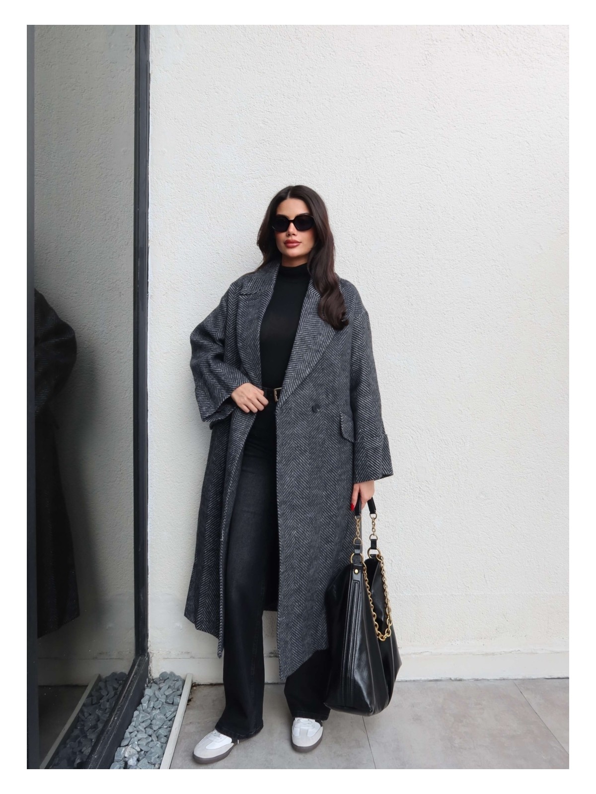 Esra Helvacı Balıksırtı Desen Cepli Uzun Kaban