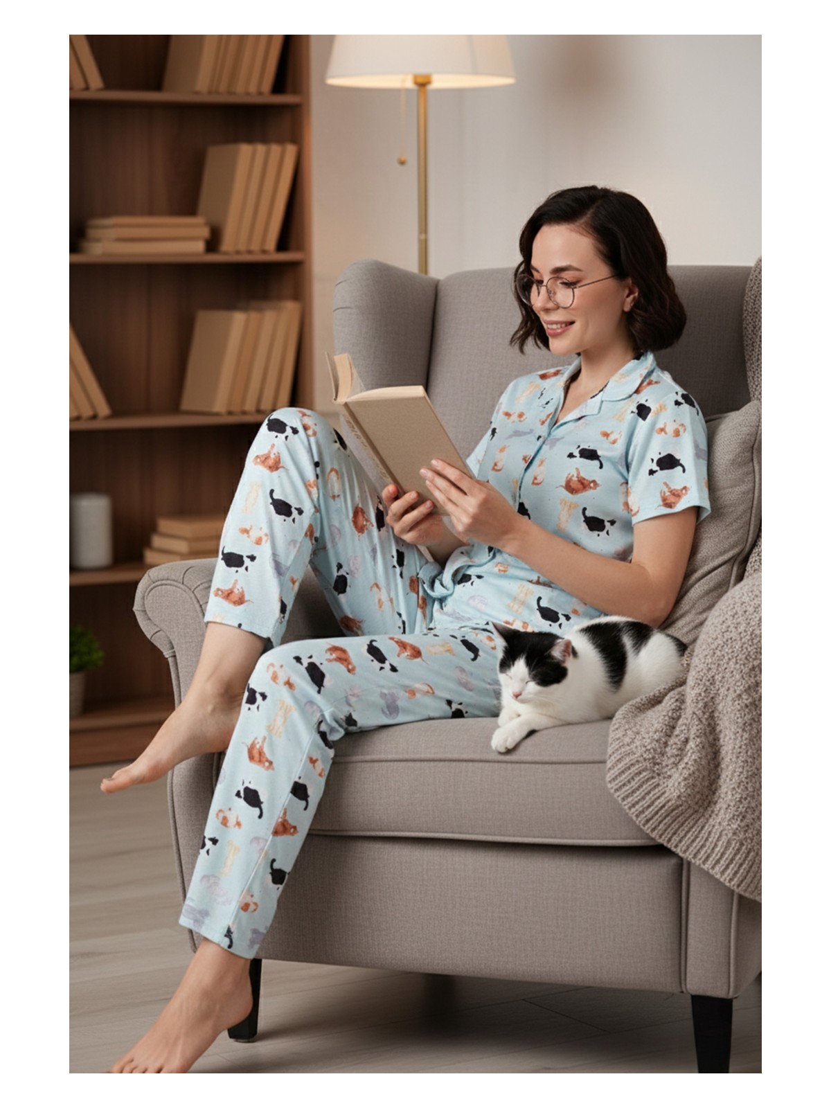 Lela Desenli Kısa Kollu Beli Lastikli Gömlek Yaka Dokuma Regular Fit Pijama Takımı Bayan Pijama Takımı 6571010 - Görsel 3