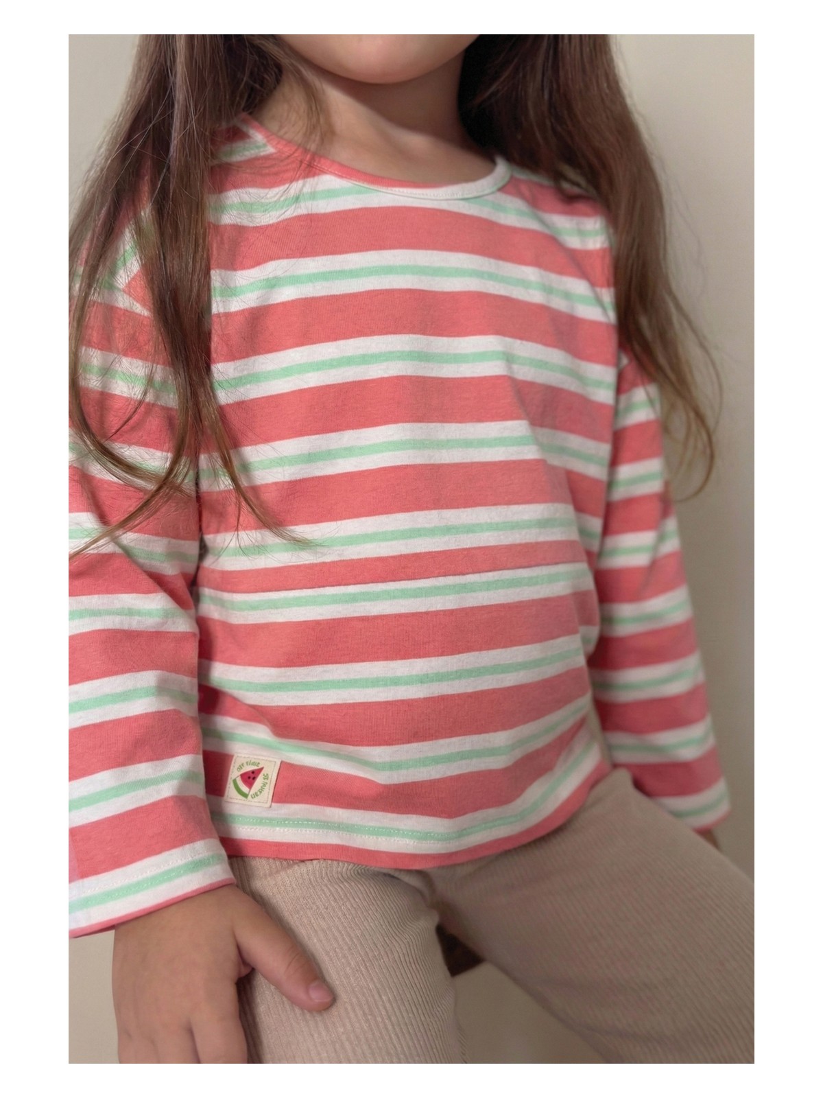 Cigit Çizgili Uzun Kollu T-Shırt 2-8 Yaş Pembe Yeşil Çizgili