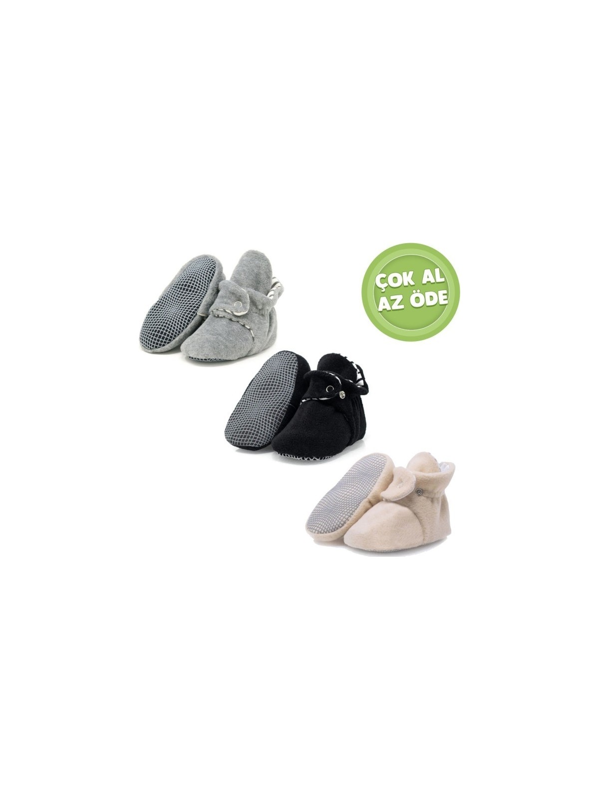 Ella Bonna Kaydırmaz Taban, Organik %100 Pamuk Astarlı , Bebek Panduf , 3'lü Ekonomik Paket (Bej-Siyah-Gri)