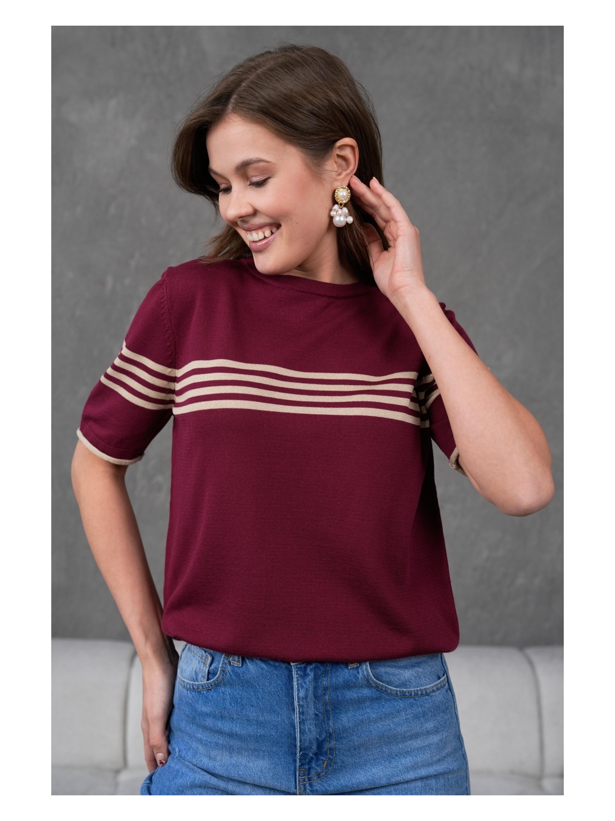 Irmak Kerekli Kadın Bisiklet Yaka Kısa Kol Çizgili Triko Bluz 25111 Bordo-Bej