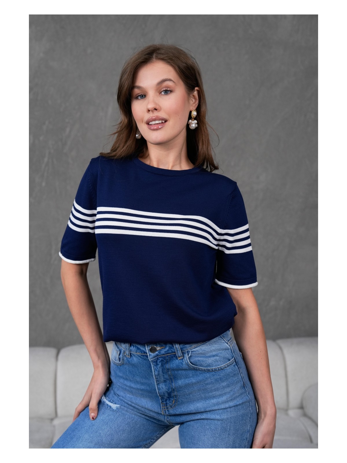 Irmak Kerekli Kadın Bisiklet Yaka Kısa Kol Çizgili Triko Bluz 25111 Laci-Ekru