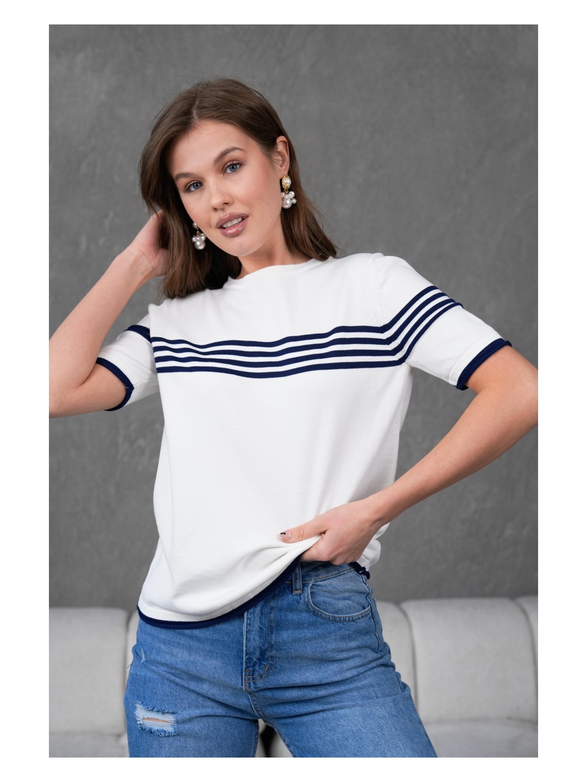 Irmak Kerekli Kadın Bisiklet Yaka Kısa Kol Çizgili Triko Bluz 25111 Bordo-Bej - Görsel 3