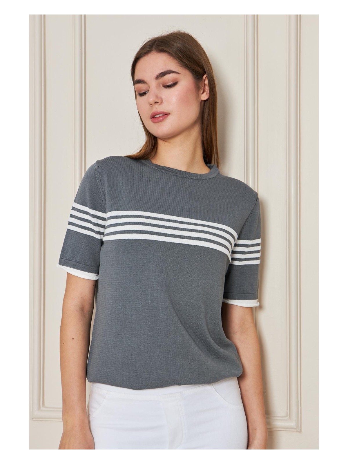 Irmak Kerekli Kadın Bisiklet Yaka Kısa Kol Çizgili Triko Bluz 25111 Bordo-Bej - Görsel 6