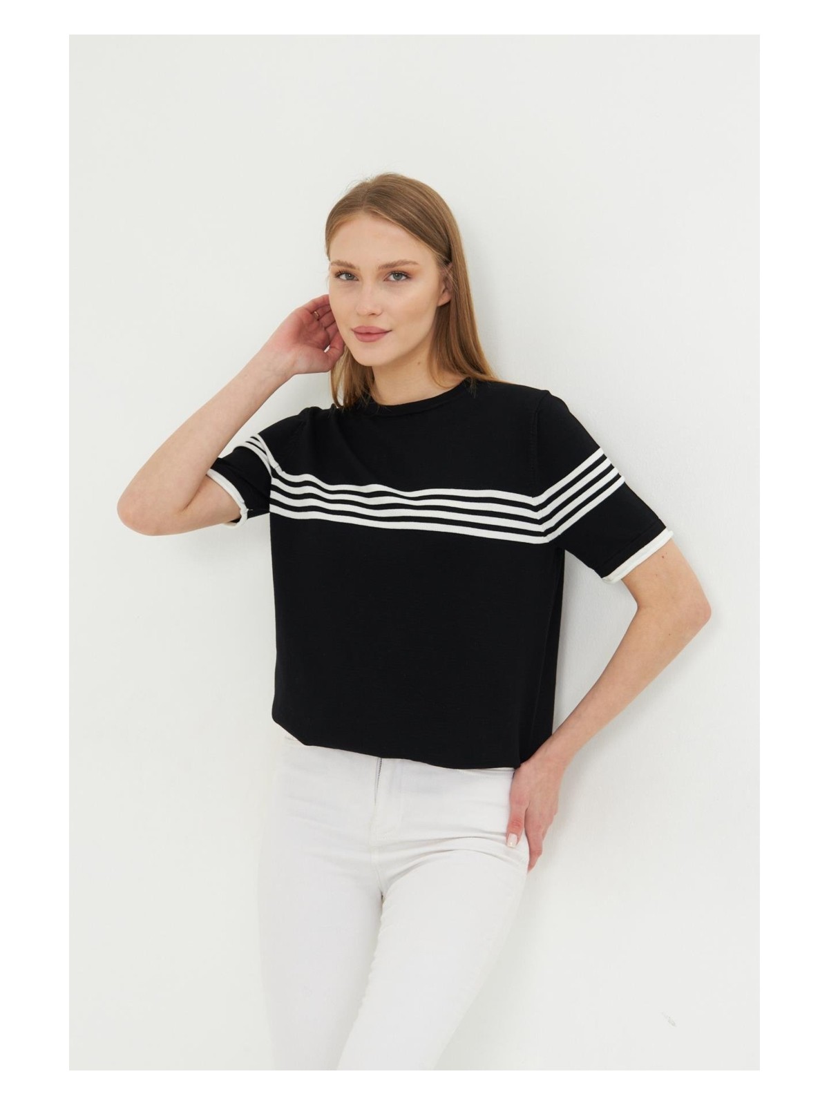 Irmak Kerekli Kadın Bisiklet Yaka Kısa Kol Çizgili Triko Bluz 25111 Laci-Ekru - Görsel 7