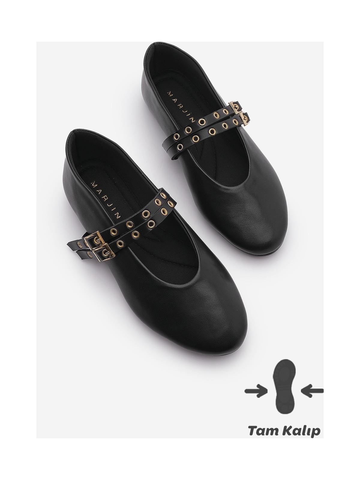 Marjin Kadın Çift Bantlı Zımbalı Günlük Babet Bekosa Siyah