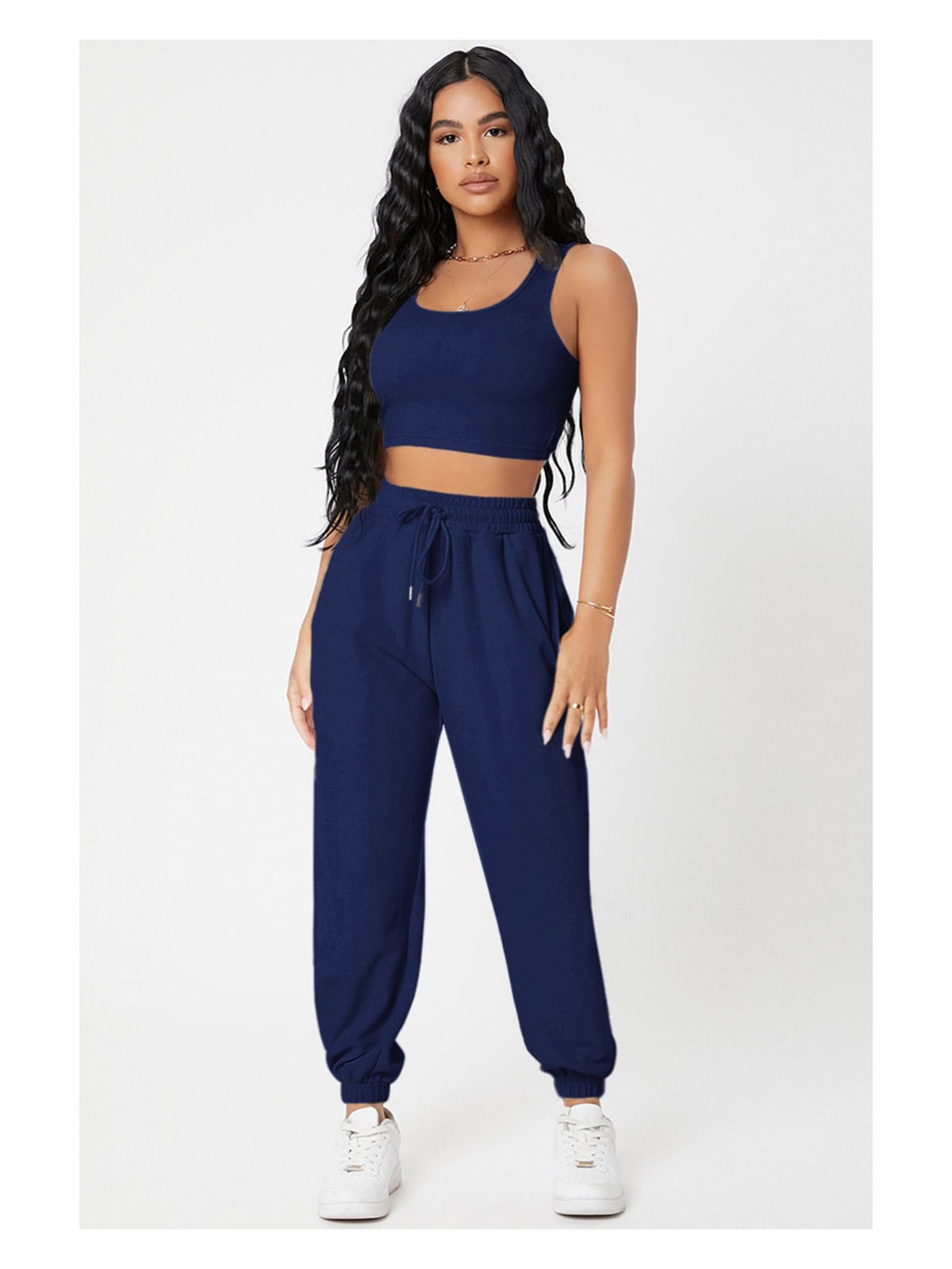 İmoda Gcm Kadın Lacivert Kaşkorse Cepli Jogger Eşofman Altı ve Crop Top Bluz