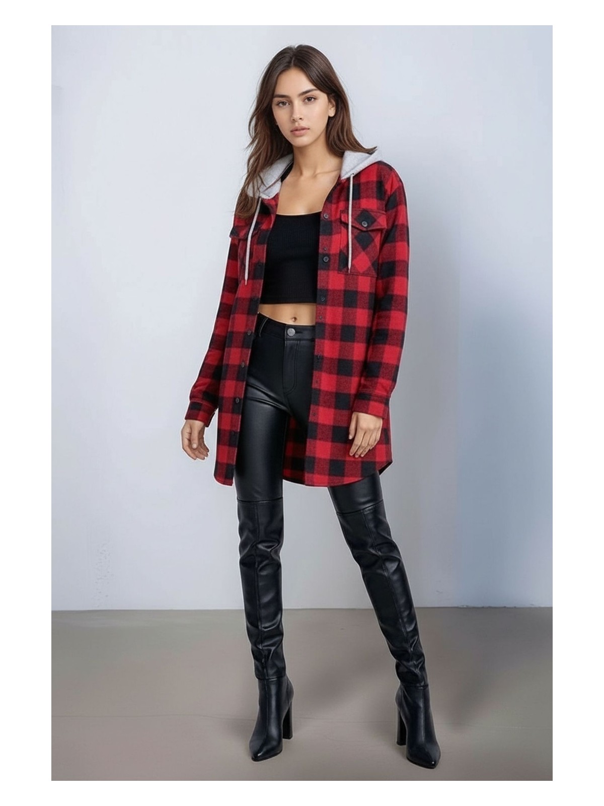 Mamayaga Kadın Desen Bloklu Oduncu Oversize Geniş Kalıp Casual Cepli Kapüşonlu Uzun Boy Ceket Gömlek - Görsel 3