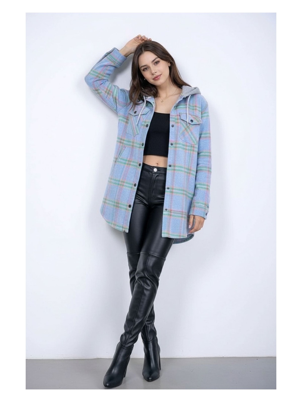 Mamayaga Kadın Desen Bloklu Oduncu Oversize Geniş Kalıp Casual Cepli Kapüşonlu Uzun Boy Ceket Gömlek - Görsel 4