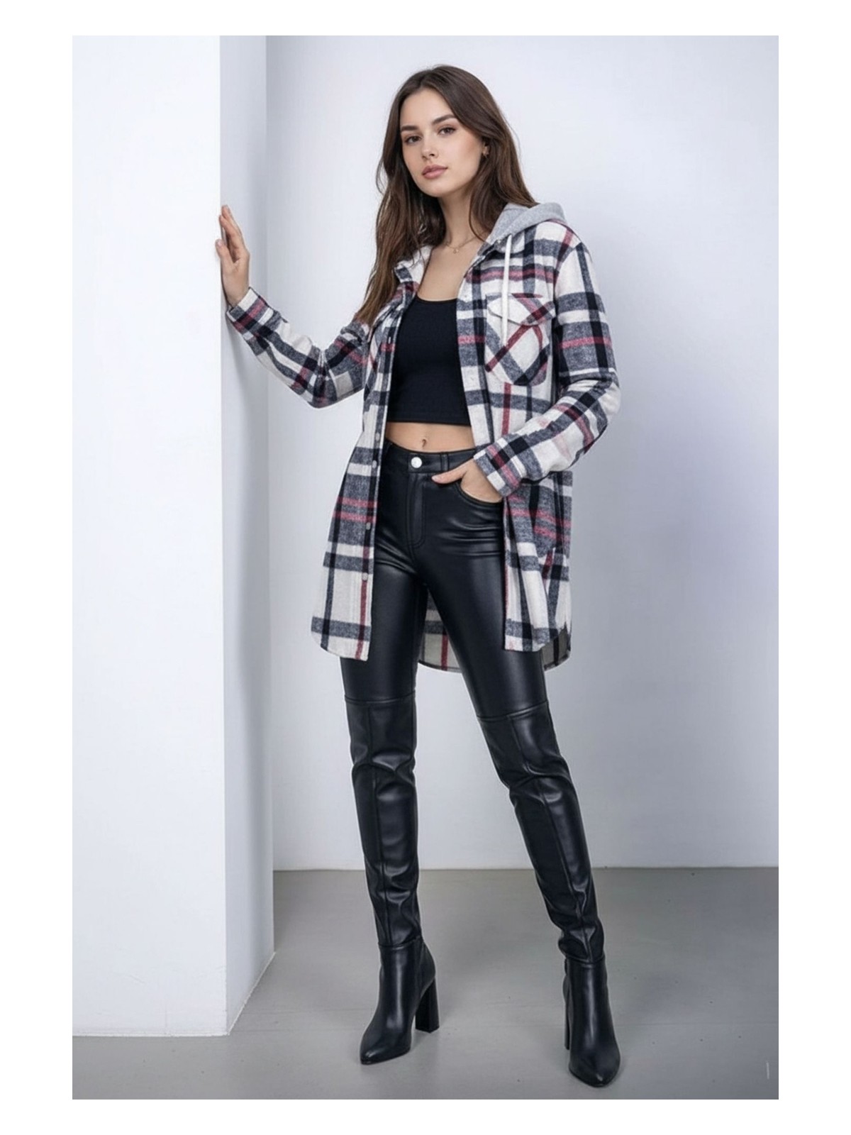 Mamayaga Kadın Desen Bloklu Oduncu Oversize Geniş Kalıp Casual Cepli Kapüşonlu Uzun Boy Ceket Gömlek - Görsel 5