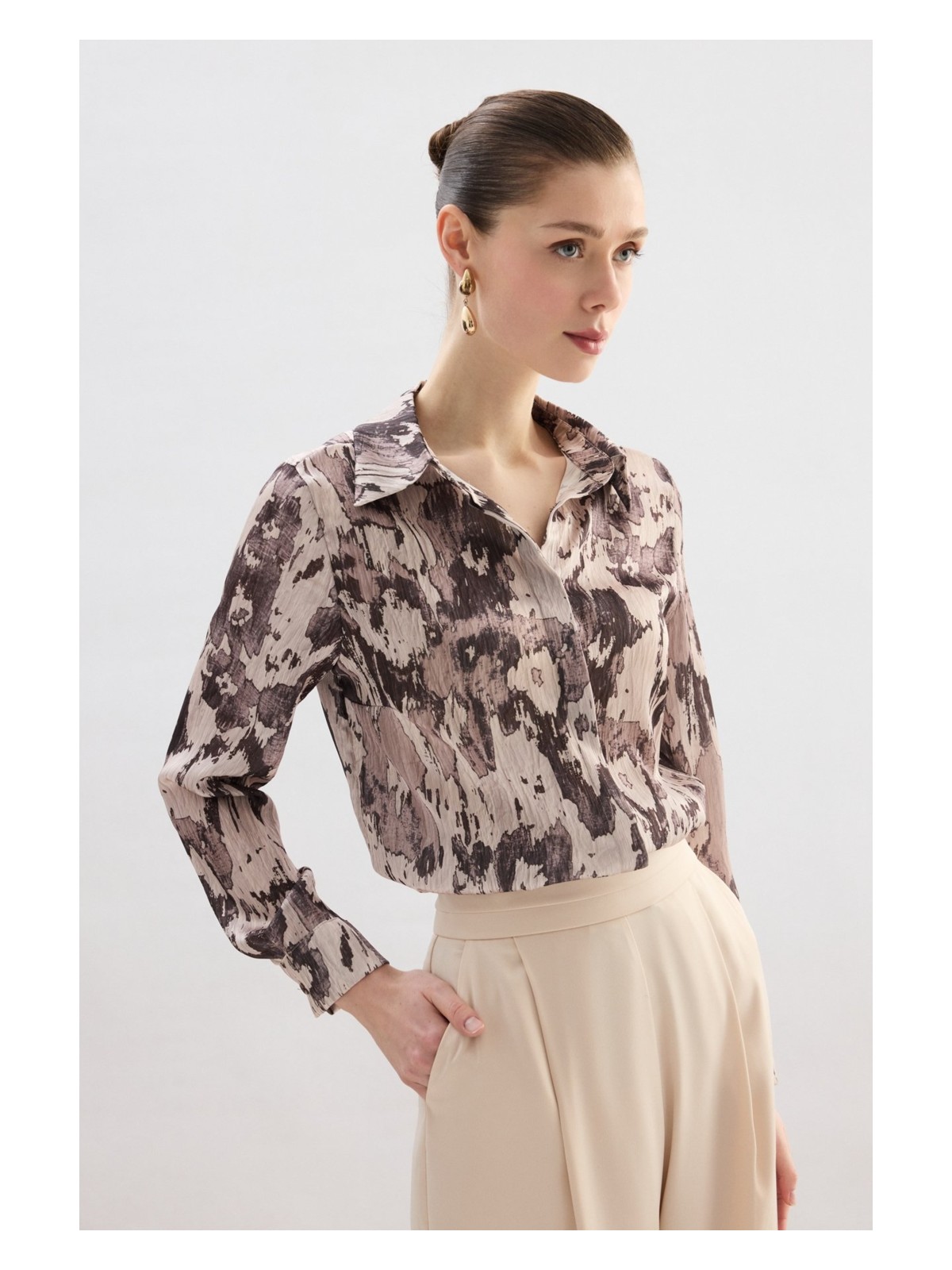 Sateen Desenli Düz Kesim Gömlek - Haki - Görsel 5